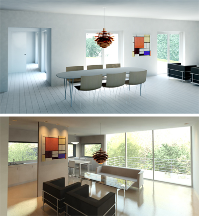 rendering visualisering villa nybyggnad vardagsrum